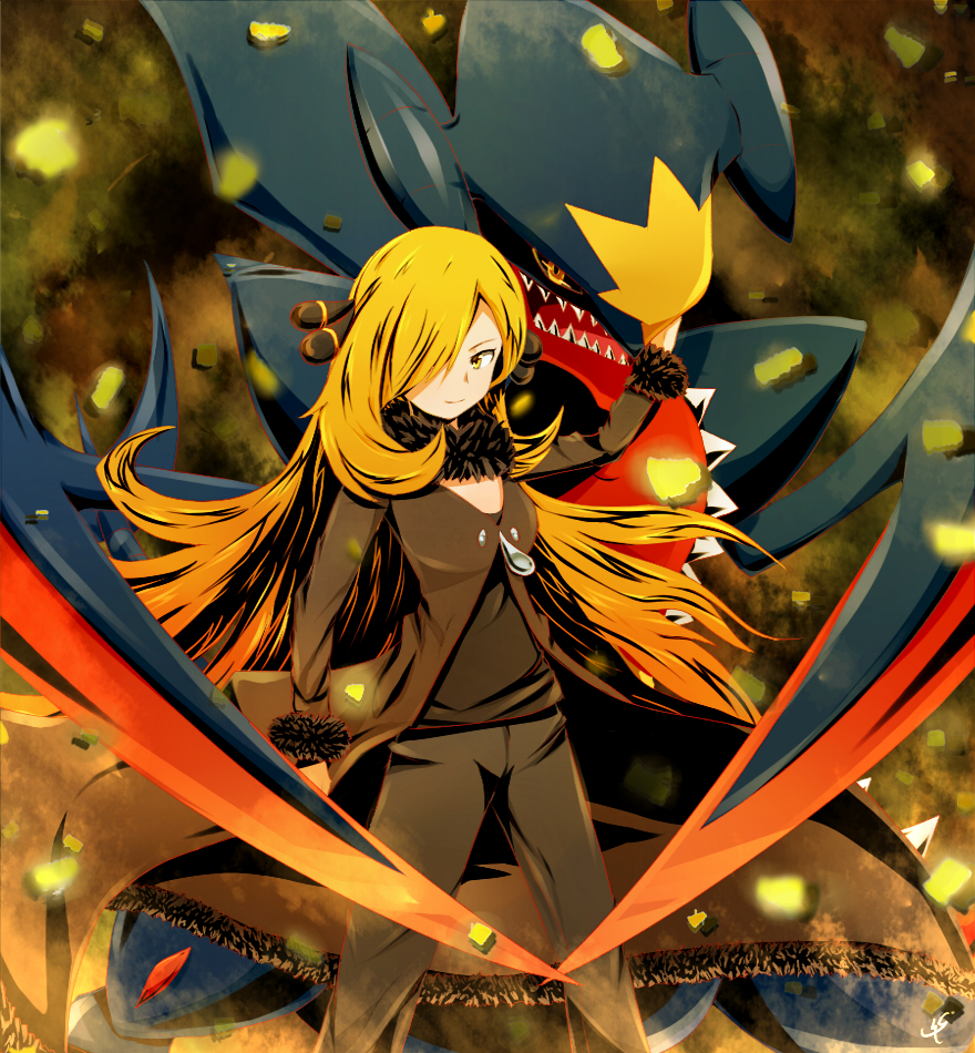 00s 1girl bad_id bad_pixiv_id blonde_hair creatures_(company) cynthia_(pokemon) game_freak garchomp gen_4_pokemon hair_over_one_eye long_hair mega_garchomp mega_pokemon nintendo pokemon pokemon_(creature) pokemon_dppt shirogane_yu very_long_hair