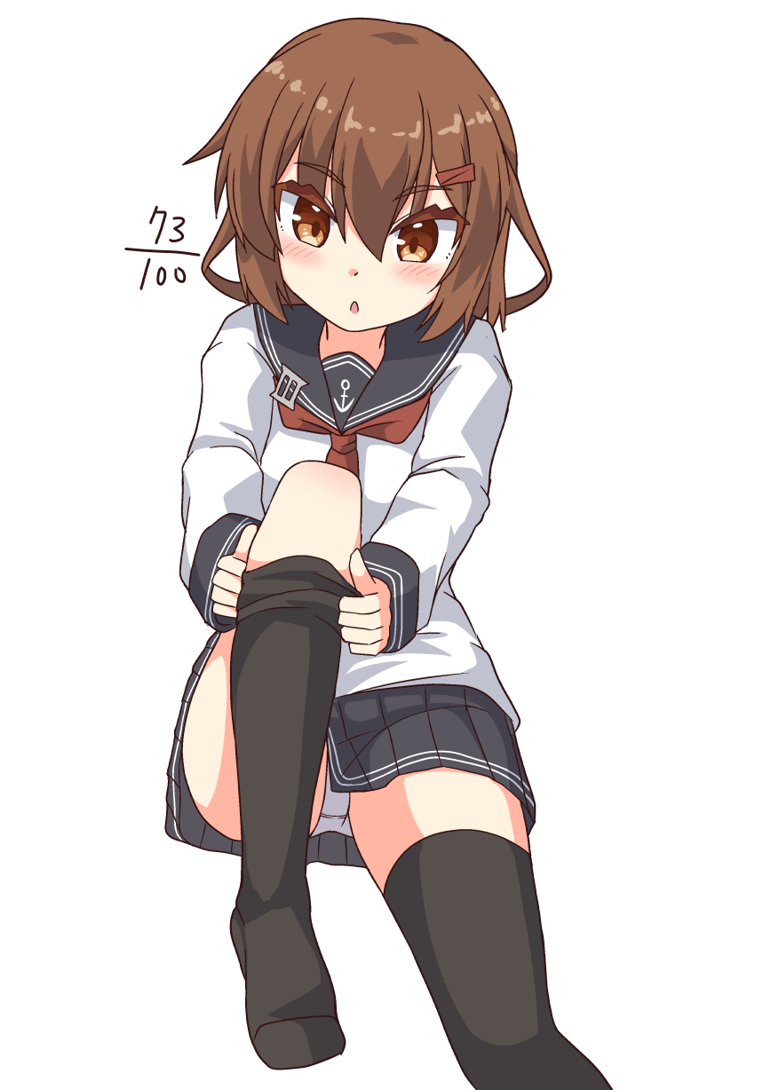 1girl black_sailor_collar black_skirt black_thighhighs brown_eyes brown_hair hair_ornament hairclip highres ikazuchi_(kancolle) kantai_collection long_sleeves miniskirt neckerchief panties pepatiku pleated_skirt red_neckerchief sailor_collar school_uniform serafuku short_hair sitting skirt solo thighhighs underwear white_panties