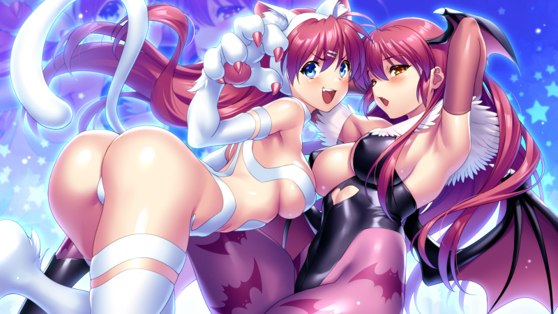 2girls animal_ears animal_hands animal_print ass bat_print bat_wings blue_eyes body_fur breasts brown_eyes cat_ears cat_girl cat_paws cat_tail clothing_cutout cosplay darkstalkers demon_girl felicia_(darkstalkers) felicia_(darkstalkers)_(cosplay) fur-trimmed_leotard fur_trim futaki_kanata gloves hair_down head_wings heart_cutout little_busters! long_hair low_wings medium_breasts morrigan_aensland morrigan_aensland_(cosplay) multiple_girls off-shoulder_leotard pantyhose paw_gloves print_pantyhose purple_pantyhose purple_wings saigusa_haruka siblings tail twins white_fur wings zen_(kamuro)