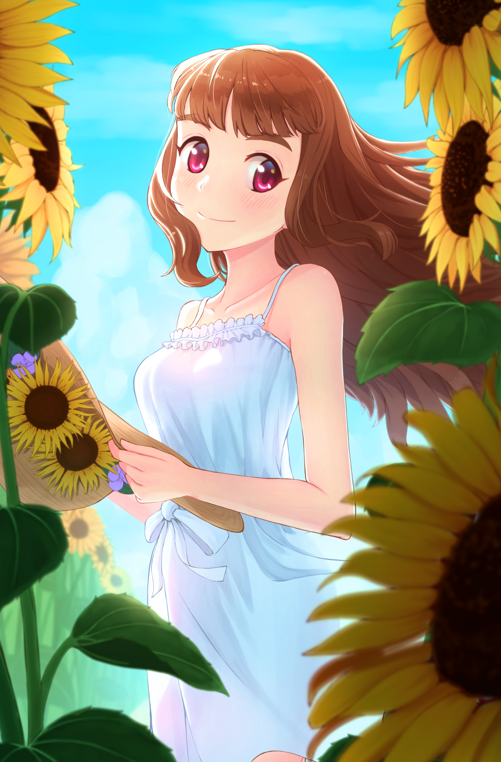 1girl blue_sky brown_hair day dress floating_hair flower hat highres holding holding_unworn_clothes holding_hat holding_unworn_clothes idolmaster idolmaster_cinderella_girls kamiya_nao long_hair looking_at_viewer ntn00a outdoors red_eyes short_dress sky sleeveless sleeveless_dress smile solo standing straw_hat sun_hat sundress sunflower thick_eyebrows unworn_hat unworn_headwear white_dress yellow_flower