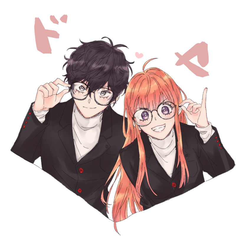 &gt;:) 1boy 1girl adjusting_eyewear amamiya_ren black-framed_eyewear black_hair black_jacket black_pants blazer buttons glasses grey_eyes jacket long_hair orange_hair pants persona persona_5 purple_eyes round_eyewear sakura_futaba school_uniform short_hair shuujin_academy_school_uniform simple_background smile sweater turtleneck turtleneck_sweater v-shaped_eyebrows white_background white_sweater yem_(pub_hodoo)