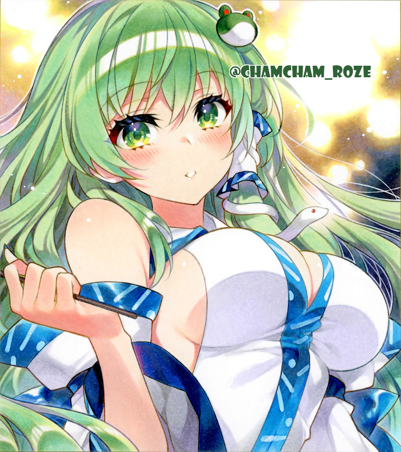 1girl bare_shoulders blue_trim blush breasts chacham cleavage collared_shirt commentary detached_sleeves frilled_hair_tubes frills frog_hair_ornament green_eyes green_hair hair_ornament hair_tubes hand_up holding kochiya_sanae long_hair long_sleeves looking_at_viewer marker_(medium) open_mouth parted_lips shirt sideboob single_hair_tube sleeveless sleeveless_shirt smile snake_hair_ornament solo touhou traditional_media twitter_username upper_body white_shirt white_sleeves wide_sleeves wing_collar