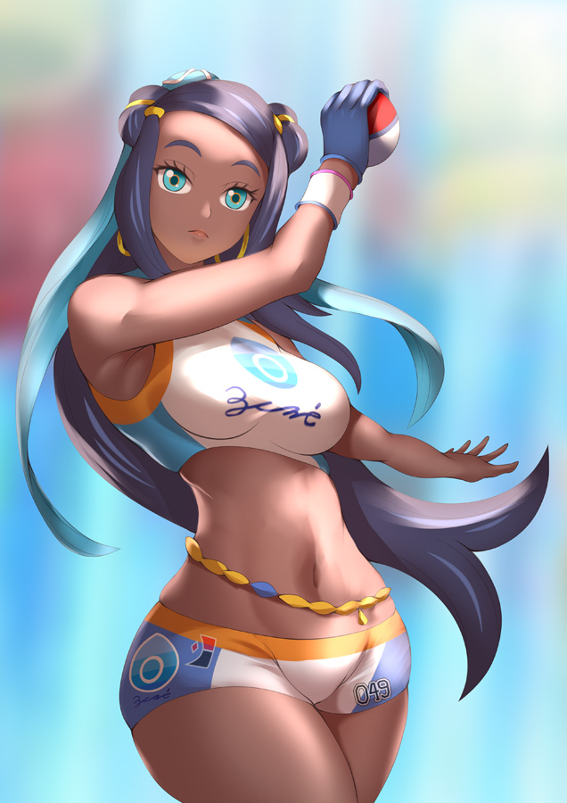 1girl aqua_eyes black_hair blue_hair bracelet creatures_(company) dark-skinned_female dark_skin earrings game_freak gloves hadant hair_bun holding hoop_earrings jewelry long_hair midriff multicolored_clothes multicolored_hair nessa_(pokemon) nintendo poke_ball pokemon pokemon_swsh single_hair_bun sports_bikini sports_bra two-tone_hair