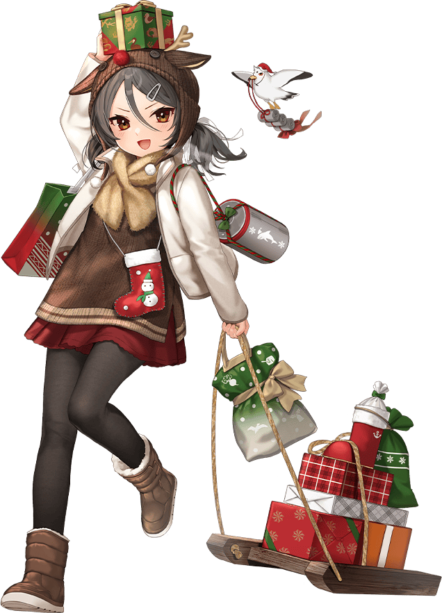 1girl antlers bird black_hair box christmas coat depth_charge full_body gift gift_bag gift_box hair_between_eyes hat horns hoshiakari_(c2_kikan) inagi_(kancolle) inagi_kai_ni_(christmas_mode)_(kancolle) inagi_kai_ni_(kancolle) kantai_collection long_hair looking_at_viewer official_art open_mouth red_skirt reindeer_antlers sack scarf seagull skirt sleigh smile solo twintails