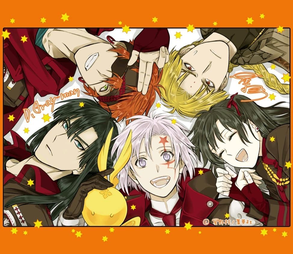 1girl 4boys allen_walker black_order_uniform blonde_hair braid closed_mouth coat d.gray-man eyepatch green_eyes green_hair hoshino_katsura howard_link kanda_yuu lavi lenalee_lee long_hair looking_at_viewer military military_uniform multiple_boys necktie open_mouth ponytail purple_eyes red_eyes red_hair red_scarf scarf signature timcanpy trench_coat twintails white_hair