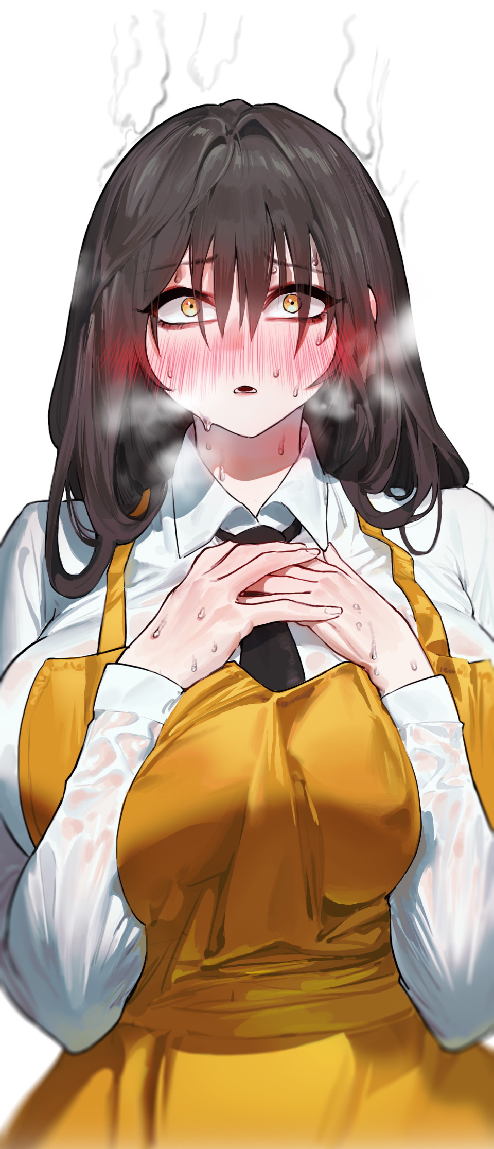 1girl apron black_necktie blush breasts brown_hair collared_shirt comic flustered ghdwid highres huge_breasts long_hair necktie open_mouth orange_apron original shirt simple_background solo sweat upper_body wet wet_clothes white_background white_shirt