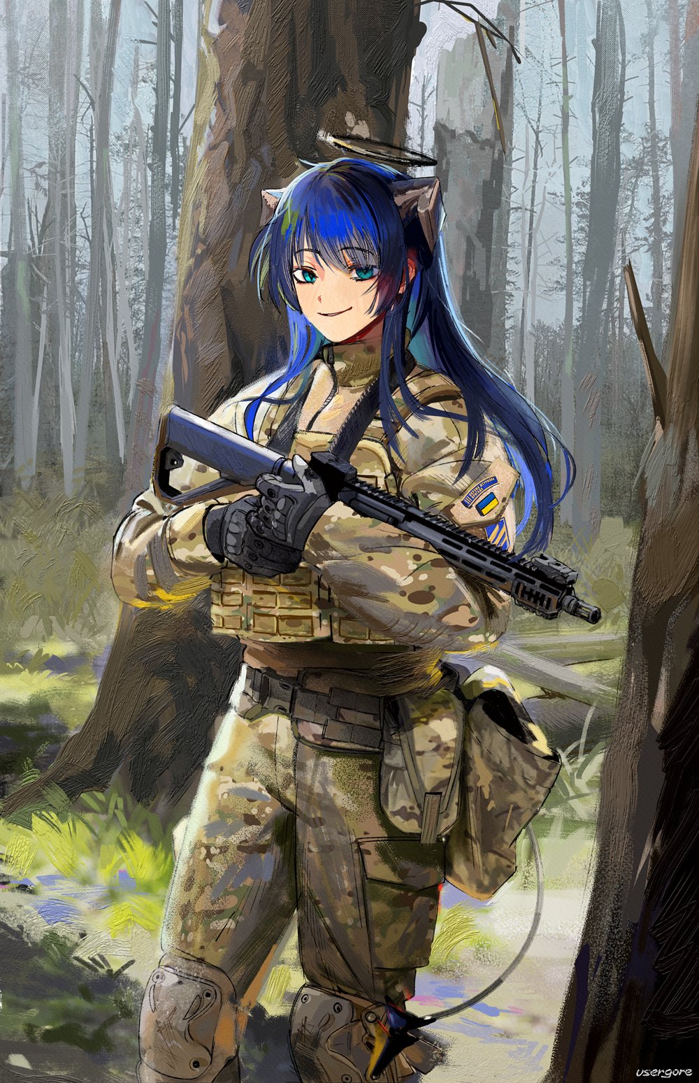 1girl 3rd_assault_brigade animal_ears arknights blue_hair bulletproof_vest camouflage camouflage_jacket camouflage_pants cat_ears cat_girl gloves grass gun highres holding holding_gun holding_weapon hugging_object jacket knee_pads long_hair looking_to_the_side military military_uniform mostima_(arknights) pants rifle russo-ukrainian_war slit_pupils soldier tactical_clothes tree ukraine ukrainian_flag usergore war weapon wolfsangel z-15 zbroyar_z-15 zipper