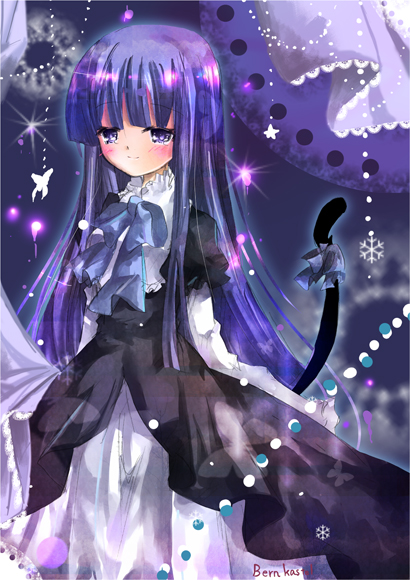 00s aquamarine blue_hair blush cat_tail frederica_bernkastel gothic_lolita lolita_fashion long_hair ribbon solo tail umineko_no_naku_koro_ni