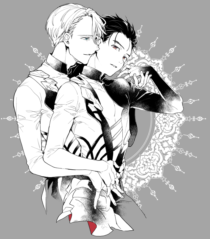 2boys blue_eyes bodysuit brown_eyes greyscale hair_slicked_back hand_on_another&#039;s_hip jewelry katsuki_yuuri kuroemon male_focus monochrome multiple_boys ring smile spot_color viktor_nikiforov yaoi yuri!!!_on_ice