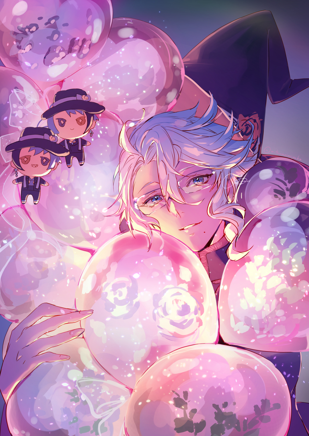 1boy azul_ashengrotto balloon birthday blue_eyes character_doll floyd_leech glasses hat highres jade_leech looking_at_viewer male_focus mitsunari_miyako purple_background purple_hair short_hair solo twisted_wonderland upper_body wizard_hat