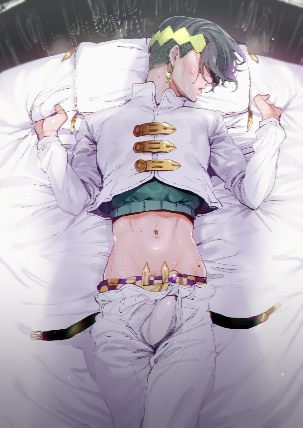 1boy bed_sheet black_hair blush dvqjo earrings erection erection_under_clothes from_above green_hair hair_over_eyes headband highres jewelry jojo_no_kimyou_na_bouken kishibe_rohan looking_away lying male_focus midriff on_back on_bed sheet_grab solo sweat open_belt undercut