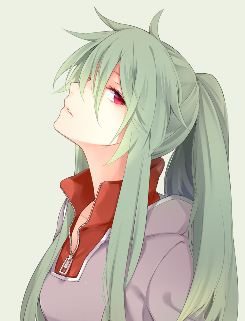 1girl female_focus green_hair hood hoodie hutuumikan kagerou_project kido_tsubomi long_hair ponytail red_eyes solo