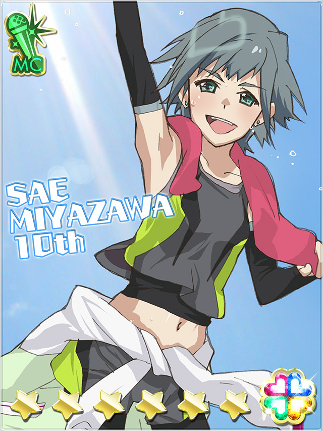 1girl :d akb0048 arm_up blue_sky card_(medium) character_name clothes_around_waist cowboy_shot dutch_angle ear_piercing ebata_risa green_eyes green_hair grey_shorts grey_tank_top heart jacket jacket_around_waist lens_flare light_rays miyazawa_sae_(akb0048) navel non-web_source official_art open_mouth outdoors outstretched_arm piercing short_hair shorts sky smile solo star_(symbol) sunbeam sunlight sweat tank_top teeth towel towel_around_neck upper_teeth_only