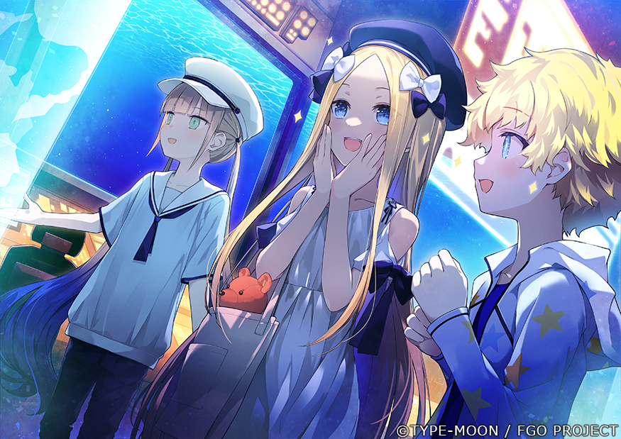 1girl 2boys abigail_williams_(fate) amagai_tarou bag beret blonde_hair blue_eyes bow dress fate/grand_order fate_(series) green_eyes hair_ornament hat long_hair long_sleeves multiple_boys nemo_(fate) official_art pants ribbon sailor_collar school_uniform serafuku short_hair smile twintails very_long_hair voyager_(fate)