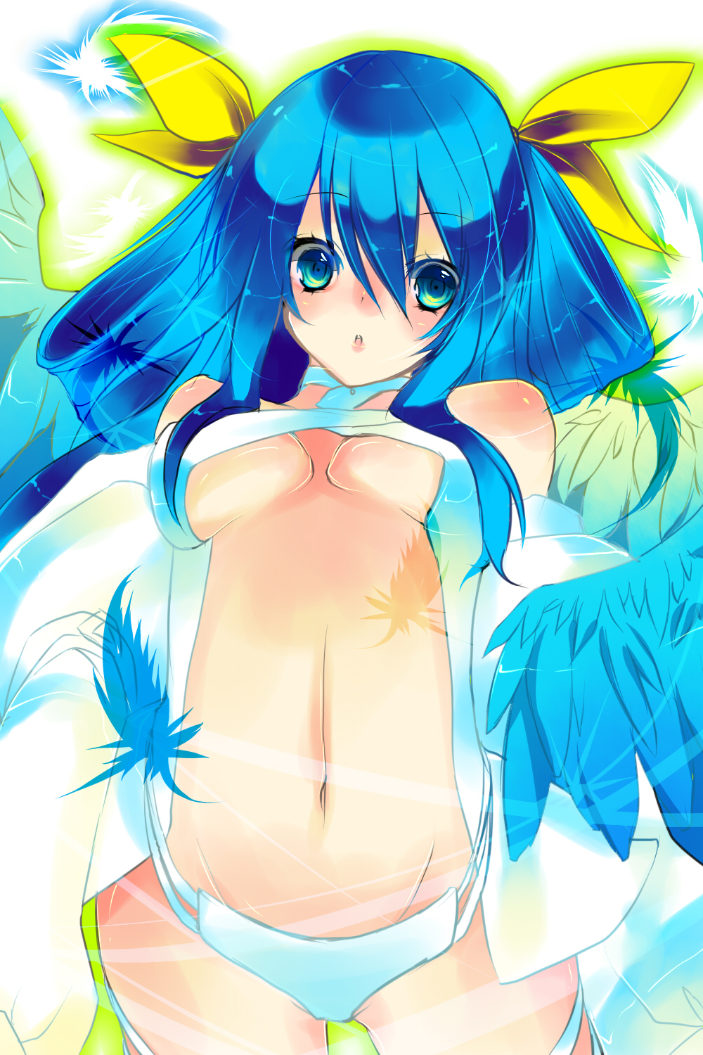 1girl alternate_eye_color aqua_eyes arc_system_works ayakichi bad_id bad_pixiv_id blue_hair breasts dizzy_(guilty_gear) female_focus guilty_gear hair_ribbon highres huge_breasts large_breasts midriff ribbon solo underboob wings