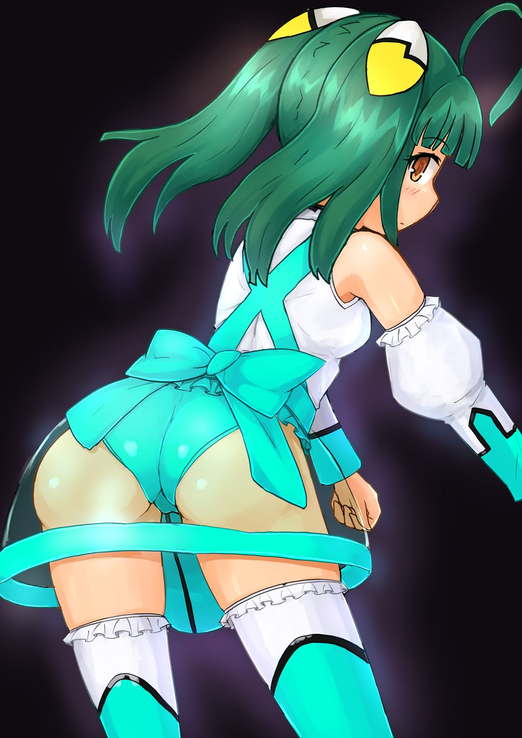 1girl ahoge ass bare_shoulders black_background blush bow breasts detached_sleeves female_focus frilled_thighhighs frills green_hair green_panties green_thighhighs highres long_hair looking_back otomedius panties shiny_skin sideboob simple_background sleeves_past_wrists solo thigh_gap thigh_strap thighhighs tita_nium transparent twintails underwear yellow_eyes