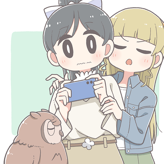 2girls annoyed belt bird black_hair blonde_hair blue_shirt blush brown_belt brown_skirt brown_sweater closed_eyes collared_shirt east_sha2 green_skirt hair_behind_ear hand_on_another&#039;s_arm hazuki_ren heanna_sumire leaning_to_the_side long_hair looking_ahead love_live! love_live!_superstar!! manmaru_(love_live!) multiple_girls official_art open_mouth owl ponytail shirt skirt sweater wavy_mouth white_shirt