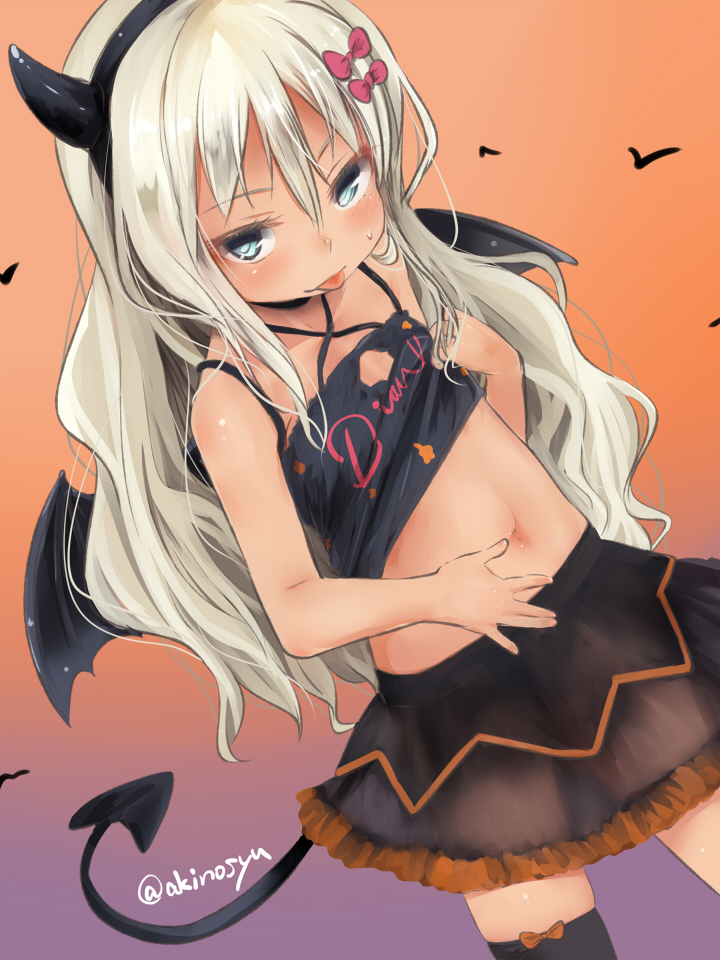 1girl :p akino_shuu animal bat_(animal) black_camisole black_choker black_hairband black_skirt black_thighhighs blue_eyes blush bow camisole camisole_lift choker closed_mouth clothes_lift collarbone commentary_request demon_horns demon_tail demon_wings dutch_angle fake_horns frilled_skirt frills gradient_background grecale_(halloween_mode)_(kancolle) grecale_(kancolle) grey_hair hair_between_eyes hair_bow hairband horns kantai_collection lifting_own_clothes long_hair looking_at_viewer navel orange_background purple_background red_bow see-through_clothes skirt small_sweatdrop smile solo sweat tail thighhighs tongue tongue_out very_long_hair wings