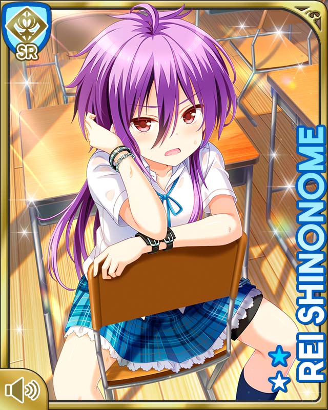 1girl :o annoyed armband blue_neckwear blue_skirt card_(medium) chain character_name classroom day desk girlfriend_(kari) indoors long_hair official_art open_mouth plaid_clothes plaid_skirt purple_hair qp:flapper red_eyes school_desk school_uniform shinonome_rei shirt sitting skirt solo tag tagme wallet_chain white_shirt