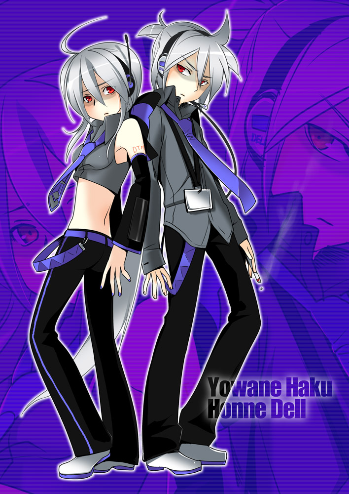 ahoge back-to-back caffein cigarette detached_sleeves headphones honne_dell long_hair name_tag necktie ponytail red_eyes silver_hair very_long_hair vocaloid yowane_haku zoom_layer