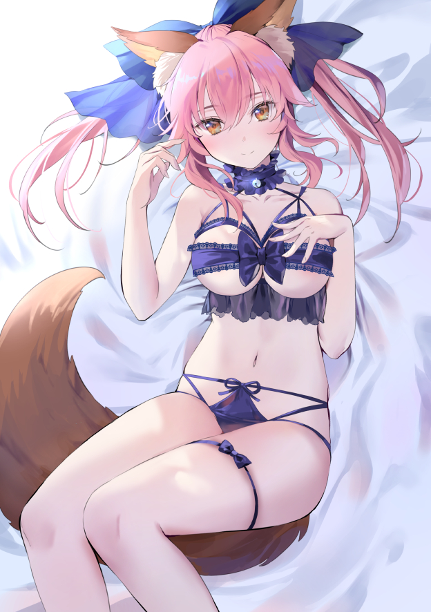 1girl animal_ear_fluff animal_ears bell blue_ribbon blush breasts collarbone commentary fate/extra fate/grand_order fate_(series) fox_ears fox_girl fox_tail hair_ribbon ice_(ice_aptx) large_breasts looking_at_viewer lying midriff navel on_back pink_hair ribbon solo tail tamamo_(fate) tamamo_no_mae_(fate/extra) underboob underwear yellow_eyes