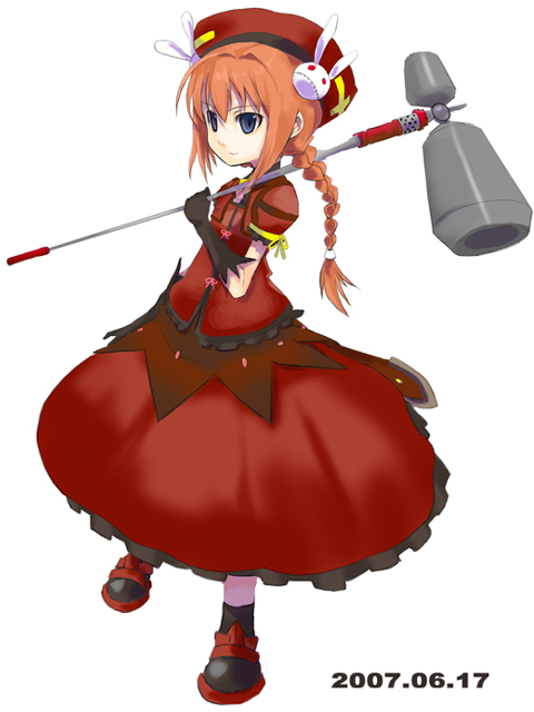 00s 1girl 2007 ahoge braid dated female_focus gloves graf_eisen hair_ornament hammer hat lyrical_nanoha magical_girl mahou_shoujo_lyrical_nanoha mahou_shoujo_lyrical_nanoha_a&#039;s obscur rabbit_hair_ornament red_hair shio simple_background solo standing twin_braids vita_(nanoha) white_background