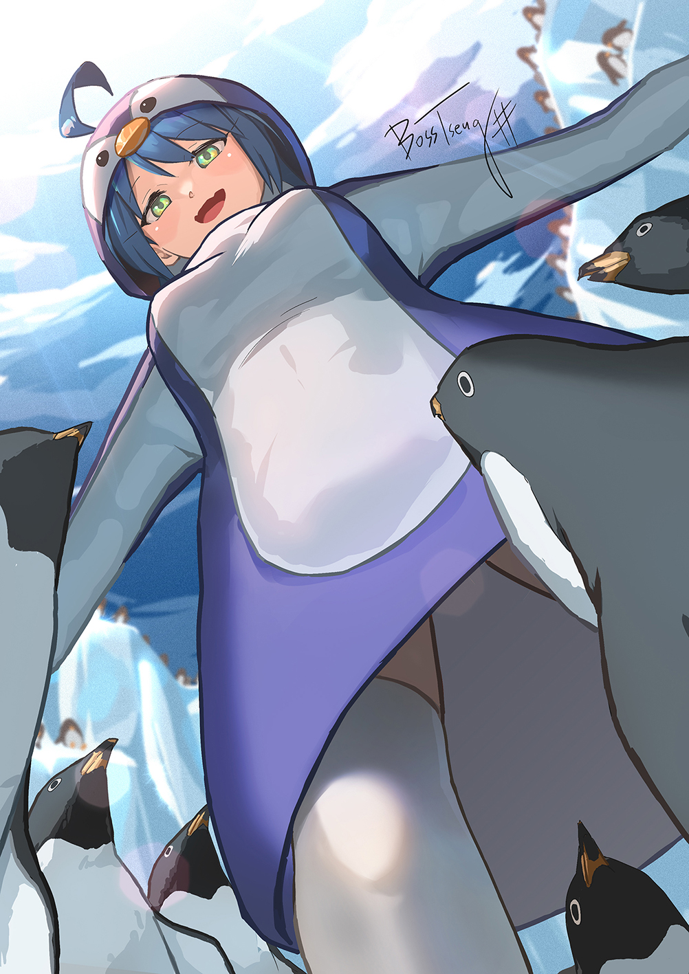 1girl ahoge animal_costume bird blue_hair bosstseng breasts chinese_commentary cliff commentary_request dress fang from_below green_eyes hat highres large_breasts lens_flare natsuki_(bosstseng) open_mouth original outstretched_arms penguin penguin_costume penguin_hat purple_dress signature skin_fang smile solo thighhighs white_thighhighs