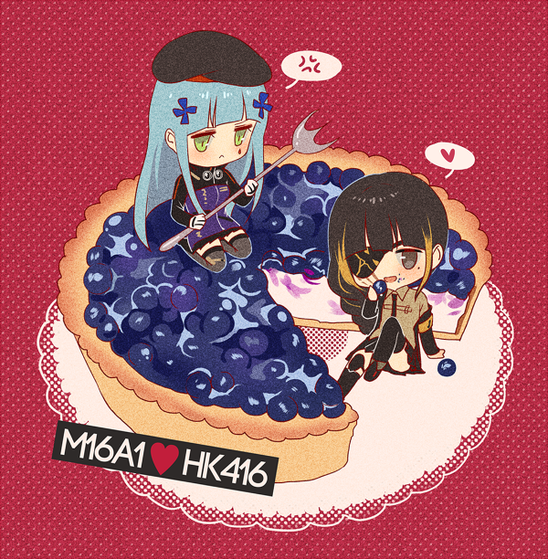 2girls black_hair blueberry food fruit girls&#039;_frontline grey_hair hk416_(girls&#039;_frontline) m16a1_(girls&#039;_frontline) multiple_girls necktie silence_girl yuri