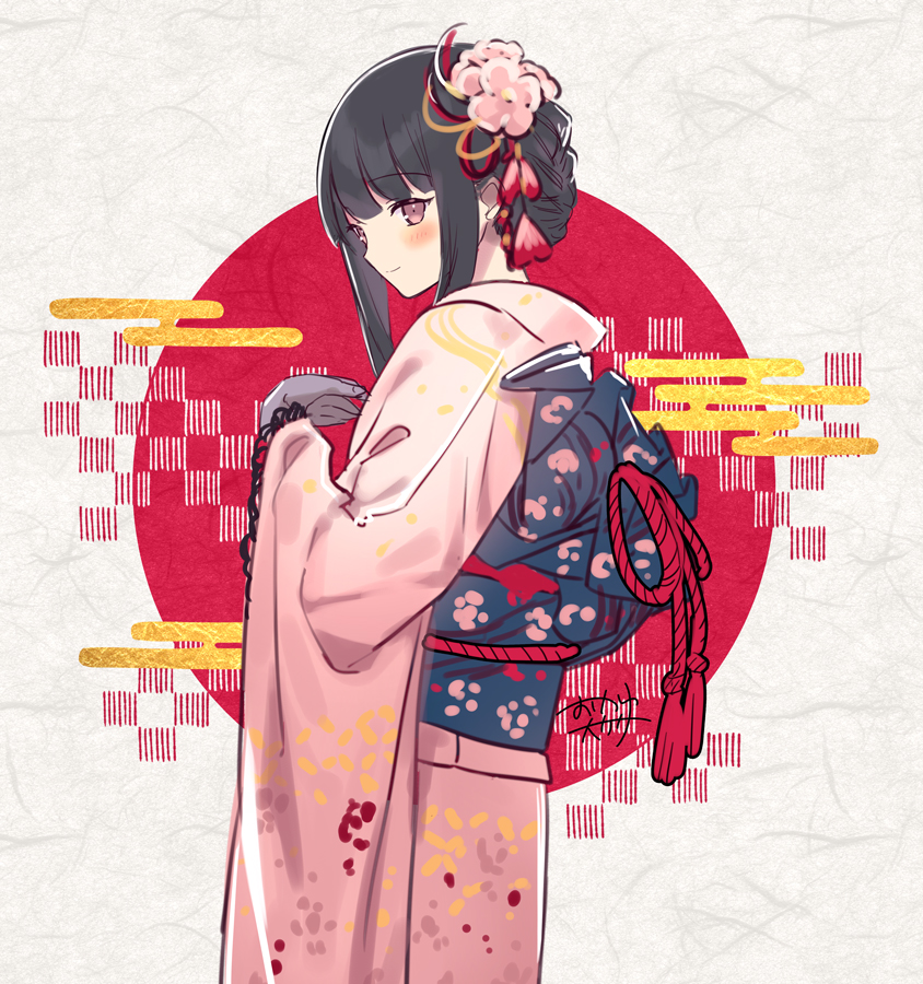 1girl alternate_hairstyle black_hair blunt_bangs flower from_behind hair_flower hair_ornament hand_on_own_chest haregi japanese_clothes kimono obi okanoyuno pink_eyes pink_kimono sash standing suishinshi_masahide_(tenka_hyakken) tenka_hyakken