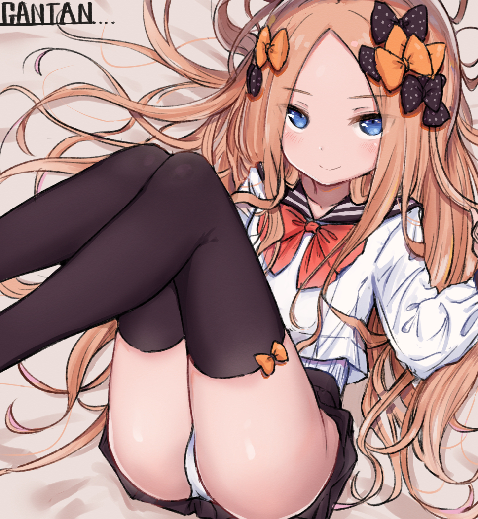 1girl abigail_williams_(fate) artist_name bad_id bad_pixiv_id black_bow black_skirt black_thighhighs blonde_hair blue_eyes blush bow closed_eyes fate/grand_order fate_(series) female_focus gantan hair_bow long_hair long_sleeves looking_at_viewer lying on_back orange_bow panties pantyshot parted_bangs polka_dot polka_dot_bow sailor_collar school_uniform serafuku shirt skirt smile solo thighhighs underwear white_panties white_shirt