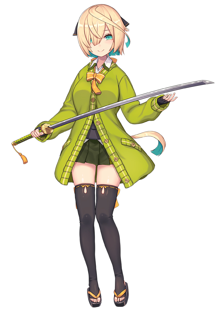 1girl blonde_hair blue_eyes blue_hair cardigan fingerless_gloves geta gloves green_cardigan hair_ribbon holding holding_sword holding_weapon inaba_gou_(tenka_hyakken) miniskirt multicolored_hair nidy okobo orange_ribbon personification ribbon sandals shirt skirt sword tenka_hyakken thighhighs toeless_legwear two-tone_hair weapon white_shirt