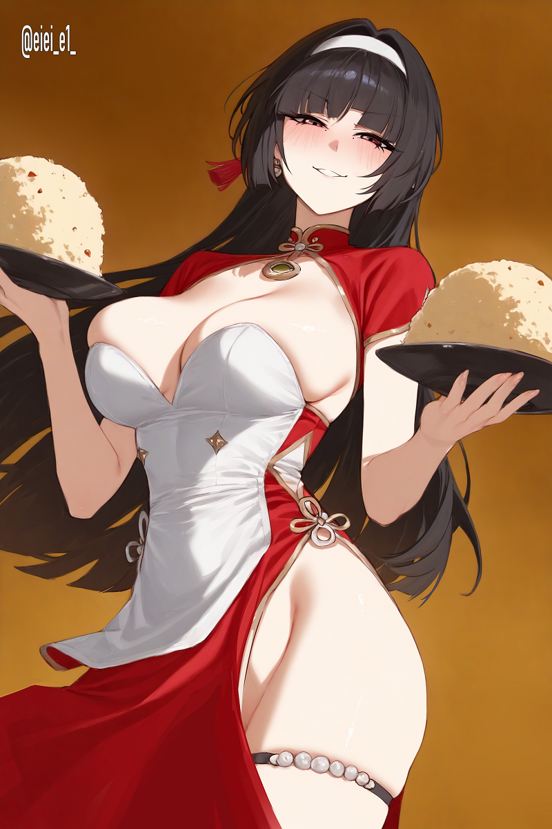 1girl alternate_costume astra_yao black_hair blush breasts china_dress chinese_clothes collar commentary_request cowboy_shot dress earrings ei_(eiei_e1_) food fried_rice hair_intakes hair_spread_out hairband half-closed_eyes highres holding holding_plate jewelry large_breasts long_hair looking_at_viewer no_panties orange_background orange_eyes paid_reward_available parted_lips plate red_collar red_dress side_slit smile solo thighs very_long_hair white_hairband zenless_zone_zero