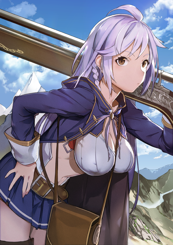 10s 1girl bag bare_shoulders blue_jacket braid breasts brown_eyes cleavage day female_focus from_side granblue_fantasy hand_on_own_hip jacket large_breasts leaning_forward long_hair looking_at_viewer midriff mikurou_(nayuta) miniskirt navel outdoors over_shoulder silva_(granblue_fantasy) silver_hair skirt solo thighhighs twin_braids weapon weapon_over_shoulder zettai_ryouiki