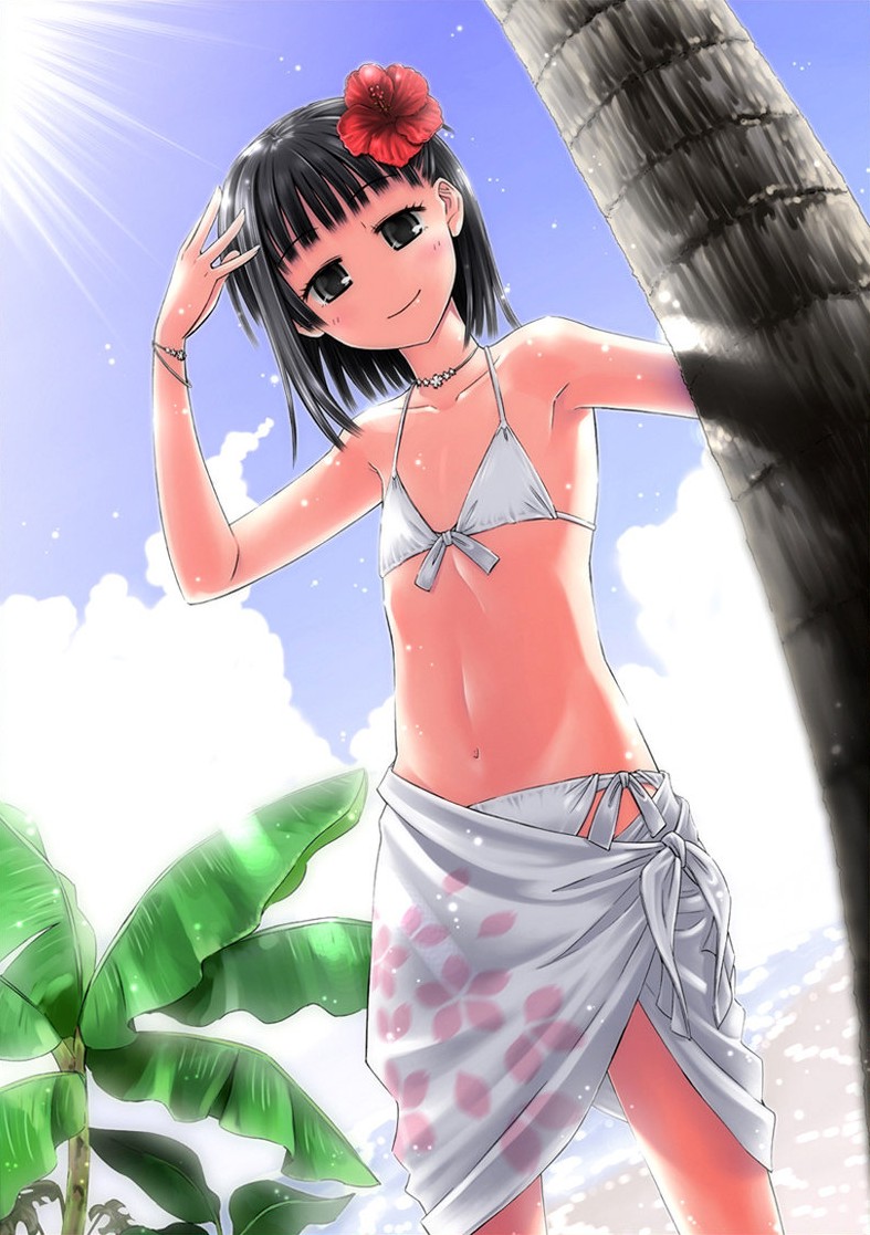 1boy aikawa_kizuna bikini black_hair blush brown_eyes crossdressing flat_chest flower hair_flower hair_ornament male_focus navel outdoors palm_tree prunus_girl short_hair smile solo swimsuit trap tree white_bikini