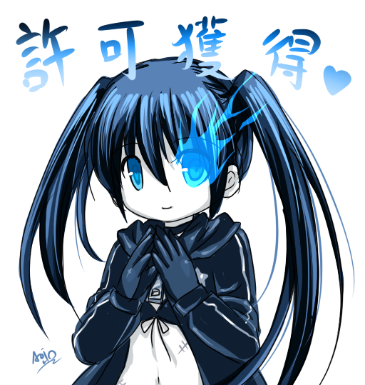 10s 1girl aoilio bad_id bad_pixiv_id bikini bikini_top_only black_hair black_rock_shooter black_rock_shooter_(character) blue_eyes blue_theme coat female_focus glowing glowing_eyes long_hair monochrome pale_skin scar solo swimsuit twintails white_background