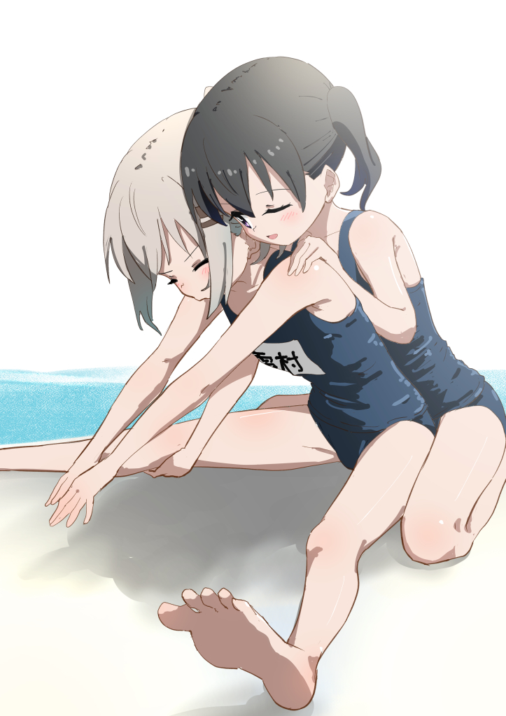 2girls assisted_stretching bare_arms bare_legs bare_shoulders barefoot black_hair blue_one-piece_swimsuit blush closed_eyes collarbone grey_hair hair_ornament hairclip hand_on_another&#039;s_shoulder holding_another&#039;s_leg kneeling kuraue_hinata multiple_girls name_tag old_school_swimsuit one-piece_swimsuit one_eye_closed open_mouth poolside ryuuma_(norinori_taruto) school_swimsuit short_hair short_twintails soles stretching swimsuit twintails yama_no_susume yukimura_aoi