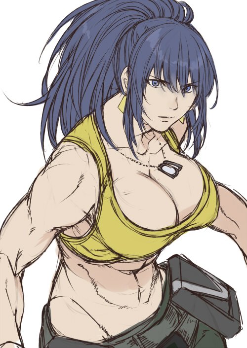 1girl abs bare_shoulders blue_eyes blue_hair breasts cleavage closed_mouth crop_top dog_tags earrings female_focus jewelry large_breasts leona_heidern looking_at_viewer matching_hair/eyes muscular muscular_female ponytail sleeveless snk soldier solo tank_top the_king_of_fighters the_king_of_fighters_xv triangle_earrings yasunososaku yellow_tank_top