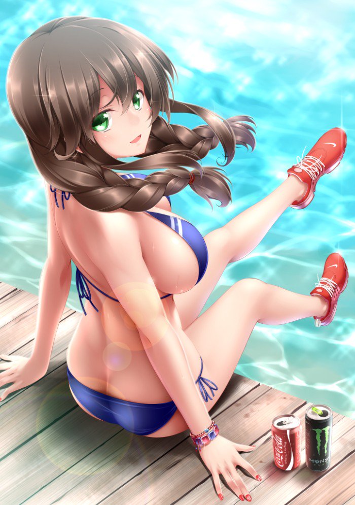 1girl arm_support ass back bare_shoulders bikini blue_bikini blue_eyes boardwalk braid breasts brown_hair butt_crack caustics coca-cola green_eyes halterneck kantai_collection large_breasts long_hair looking_at_viewer looking_back midoriiro_no_shinzou monster_energy nail_polish nike_(company) no_socks noshiro_(kancolle) open_mouth red_footwear red_nails shoes side-tie_bikini_bottom sideboob sitting smile sneakers solo string_bikini sweat swept_bangs swimsuit twin_braids water