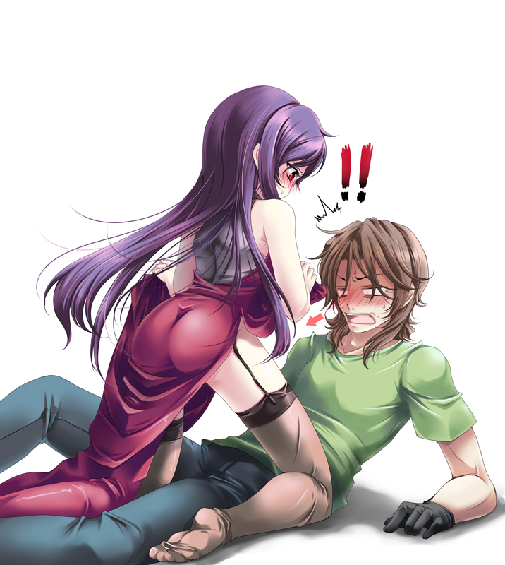 ! 00s 2boys ass bad_id bare_shoulders blush dress feet garter_belt garter_straps gloves gundam gundam_00 lockon_stratos long_hair male_focus multiple_boys neil_dylandy nylons purple_hair shinolion surprised takitsume_shino thighhighs tieria_erde trap