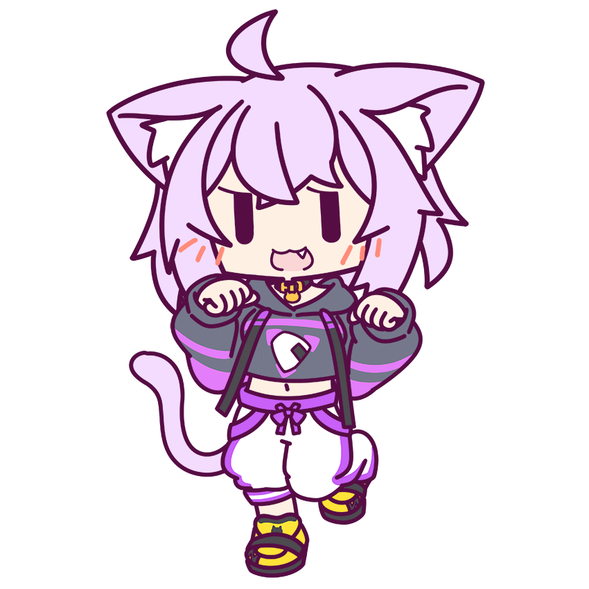 1girl :3 :d aka_shiba animal_collar animal_ear_fluff animal_ears baggy_pants black_collar black_hoodie cat_ears cat_girl cat_tail chibi collar cropped_hoodie drawstring fang full_body hands_up hololive hood hood_down hoodie long_sleeves looking_at_viewer midriff navel nekomata_okayu nekomata_okayu_(1st_costume) official_art onigiri_print open_mouth pants paw_pose purple_hair shoes sleeves_past_wrists smile sneakers solo standing standing_on_one_leg straight-on tail transparent_background virtual_youtuber white_pants yellow_footwear |_|