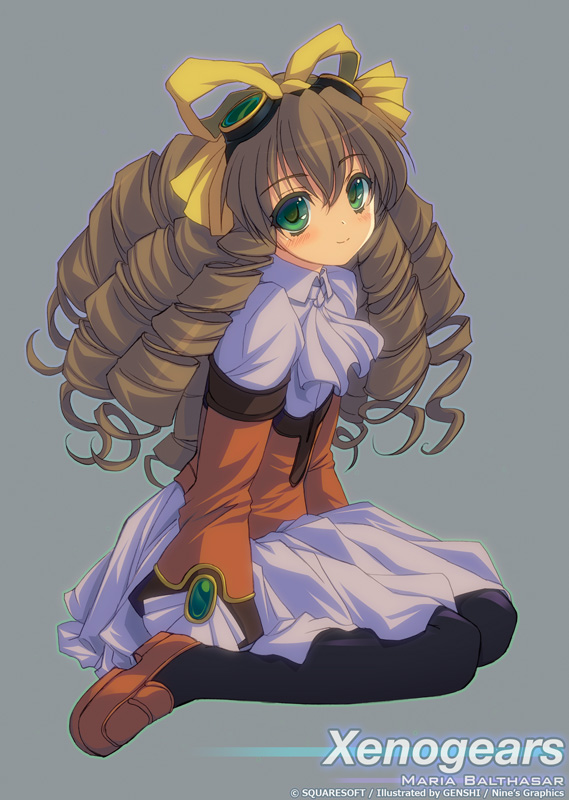 1girl bad_id bad_pixiv_id bow brown_hair character_name copyright_name drill_hair female_focus genshi goggles goggles_on_head green_eyes long_hair maria_balthasar pantyhose ribbon shoes skirt solo white_hair xeno_(series) xenogears