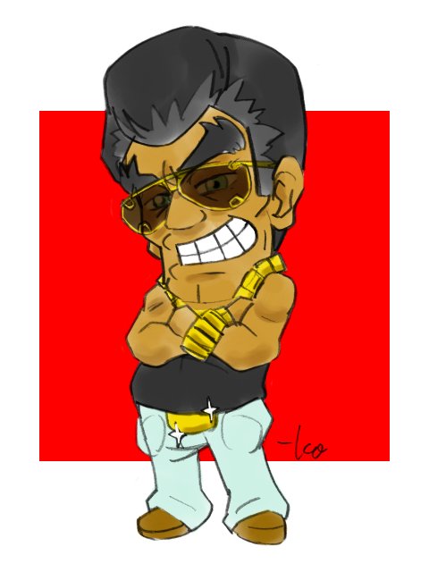 1boy bad_id bad_twitter_id black_hair commentary dark-skinned_male dark_skin full_body gold_necklace green_eyes grin jewelry necklace outside_border red_background signature simple_background smile sunglasses takeuchi_kou the_nutshack tito_dick white_background