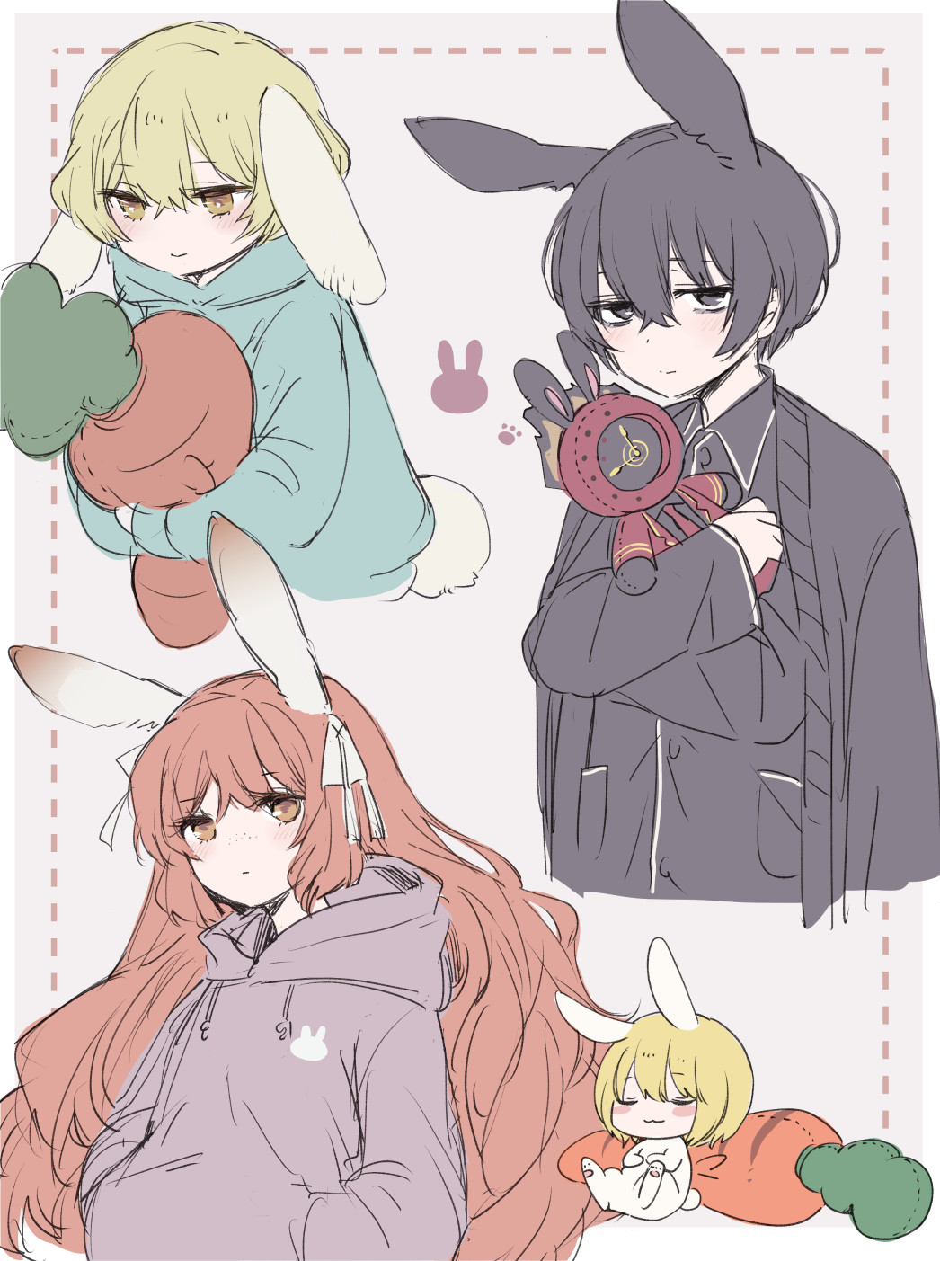 2boys 2girls animal_ears black_cardigan black_eyes black_hair black_pajamas blonde_hair blush cardigan cardigan_on_shoulders character_doll closed_mouth dante_(limbus_company) don_quixote_(project_moon) hair_ribbon hands_in_pockets highres hood hoodie ishmael_(project_moon) limbus_company long_hair looking_at_viewer marbornath multiple_boys multiple_girls orange_hair pajamas project_moon purple_hoodie rabbit_ears ribbon sidelocks simple_background sinclair_(project_moon) smile stuffed_carrot very_long_hair white_background white_ribbon yellow_eyes yi_sang_(project_moon)