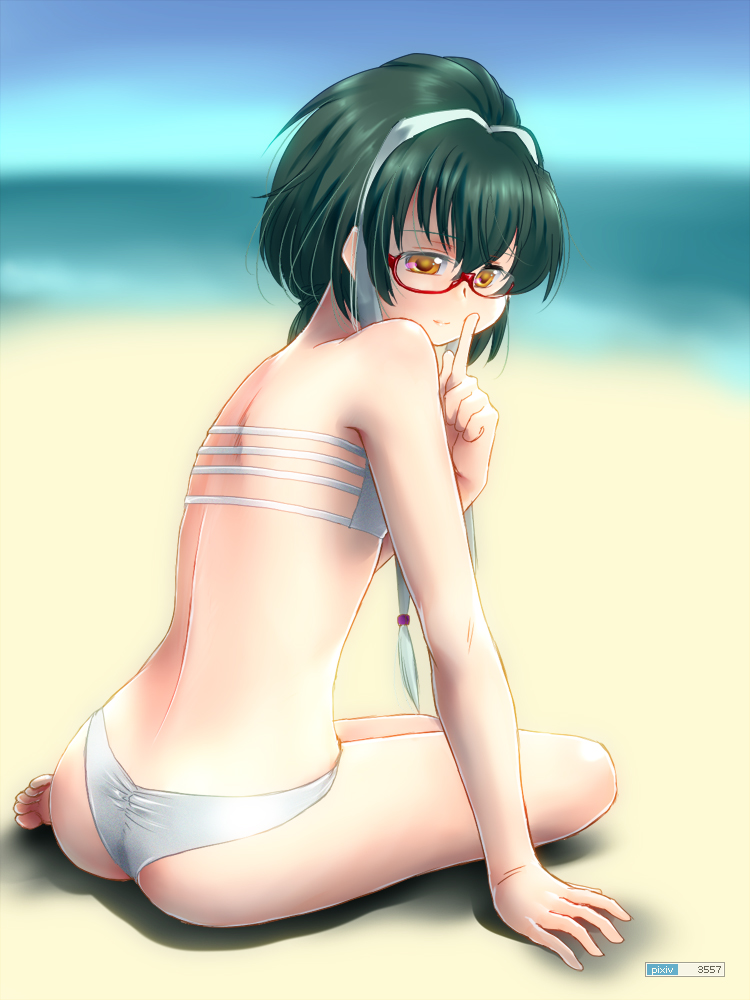 1girl back bad_proportions barefoot beach bikini blurry depth_of_field female_focus finger_to_mouth glasses green_hair original red-framed_eyewear sand semi-rimless_eyewear short_hair sitting solo swimsuit toes under-rim_eyewear white_bikini yagisaka_seto yellow_eyes yokozuwari