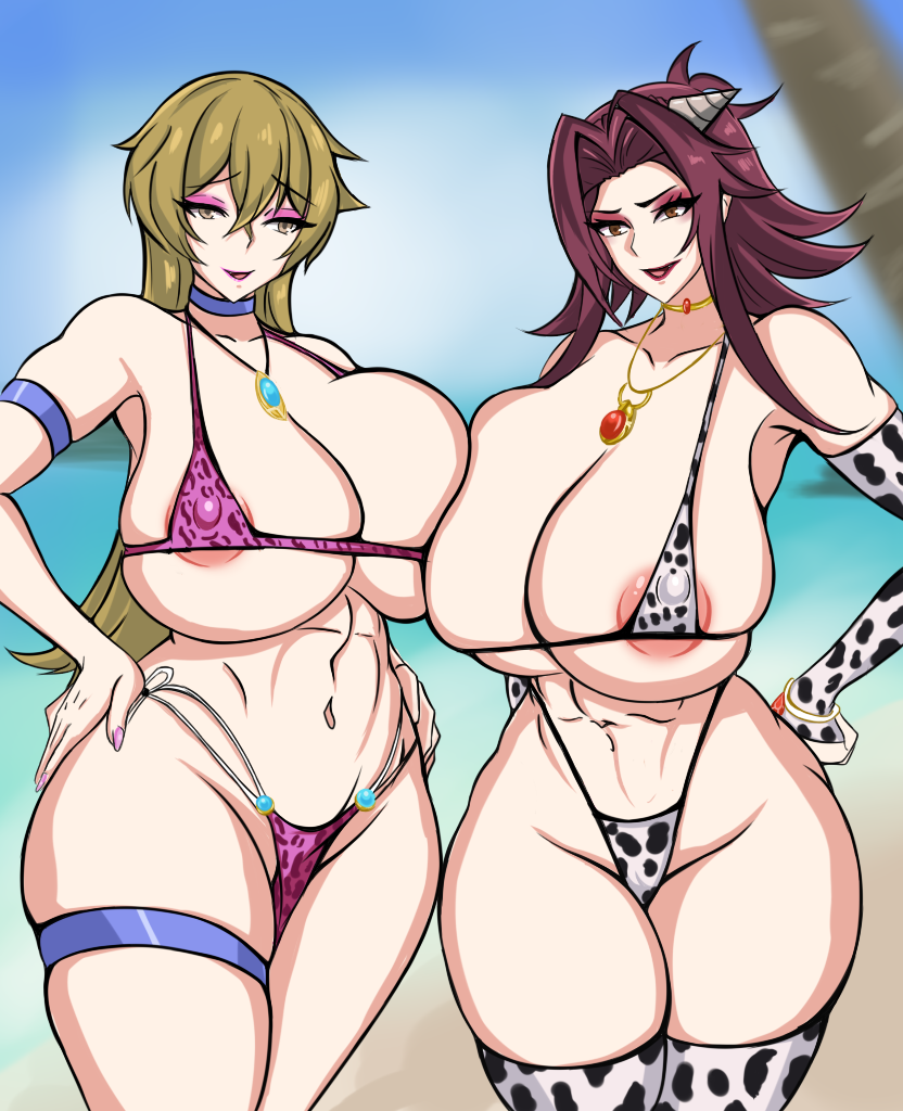 2girls abs alternate_breast_size animal_print artist_request bare_shoulders beach blonde_hair breasts brown_eyes choker collarbone cow_print cow_print_bikini elbow_gloves gloves hair_ornament hands_on_own_hips highres huge_breasts izayoi_aki jewelry large_breasts legs_together long_hair medium_hair multiple_girls necklace nipples print_bikini red_hair tenjouin_asuka thick_thighs thigh_strap thighhighs thighs variant_set yu-gi-oh! yu-gi-oh!_5d&#039;s yu-gi-oh!_gx