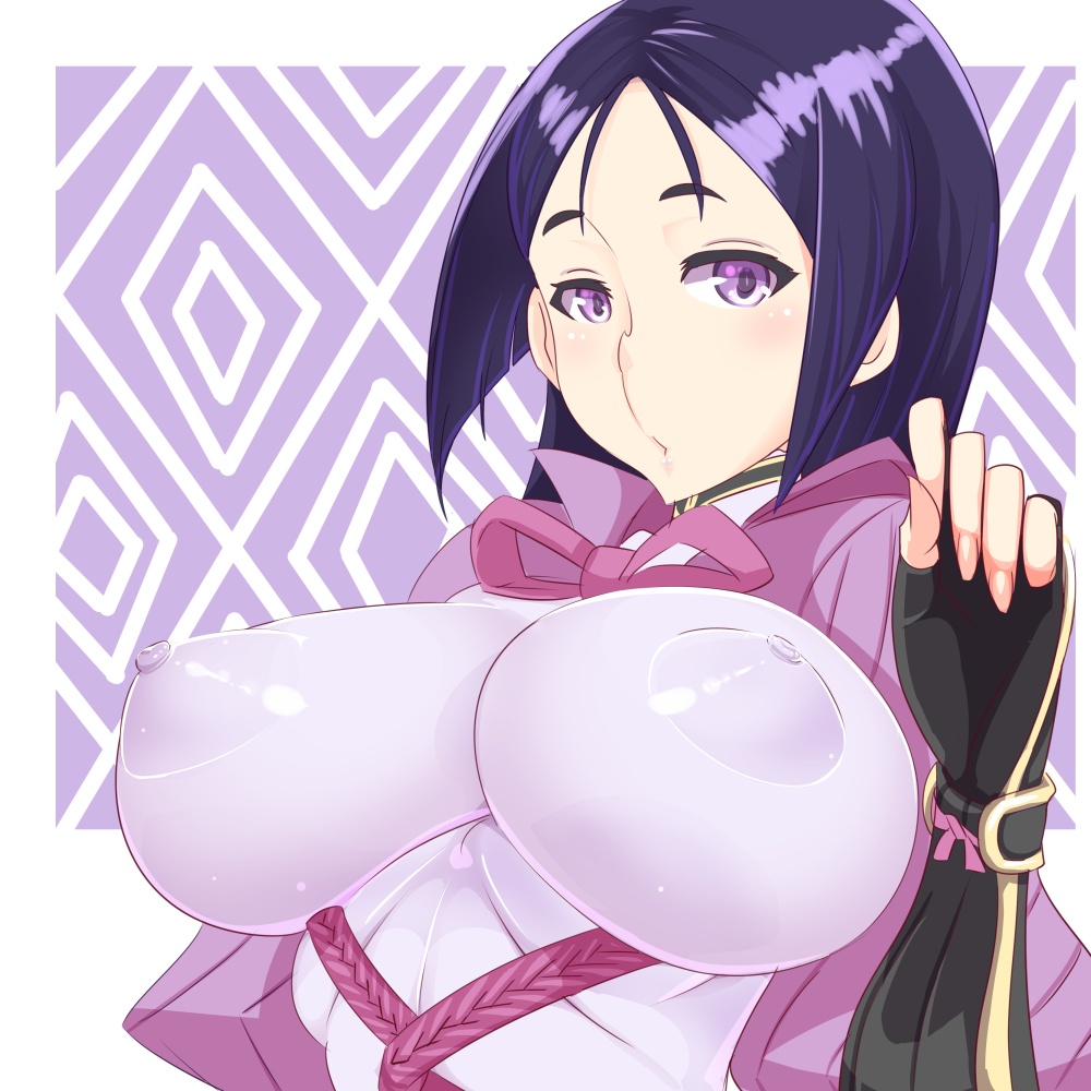 1girl arm_guards black_gloves blue_hair blush bodysuit breasts covered_erect_nipples fate/grand_order fate_(series) female_focus fingerless_gloves from_side gloves hand_up impossible_bodysuit impossible_clothes katuhata large_breasts long_hair looking_at_viewer minamoto_no_raikou_(fate) parted_lips puffy_nipples purple_eyes purple_hair rope skin_tight solo turtleneck upper_body