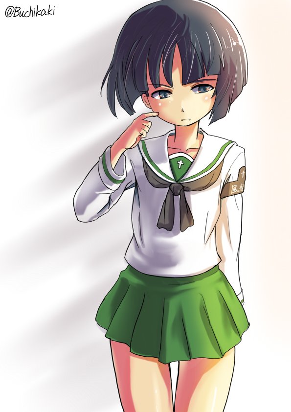 10s 1girl arm_behind_back armband backlighting black_eyes black_hair black_neckerchief blouse blunt_bangs bob_cut buchikaki commentary female_focus frown girls_und_panzer green_skirt half-closed_eyes long_sleeves looking_at_viewer miniskirt neckerchief one-hour_drawing_challenge ooarai_school_uniform parted_lips pleated_skirt school_uniform serafuku shadow shirt short_hair skirt solo sono_midoriko standing twitter_username white_shirt