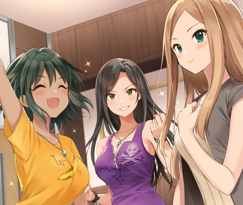 3girls bare_shoulders black_hair blouse blush breasts brown_hair brown_shirt cleavage closed_eyes collarbone dark-skinned_female dark_skin green_eyes grin idolmaster idolmaster_cinderella_girls jewelry large_breasts long_hair looking_at_viewer matsuyama_kumiko mukai_takumi multiple_girls natalia_(idolmaster) necklace open_mouth parted_bangs print_shirt purple_tank_top q-v_(levia) shirt short_hair short_sleeves smile sparkle tank_top yellow_shirt