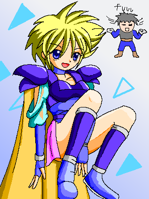 1boy 1girl armor benjamin_(ffmq) blonde_hair blue_eyes boots cape choker elbow_gloves faye final_fantasy final_fantasy_mystic_quest fingerless_gloves gloves lowres murasaki2007 open_mouth short_hair shoulder_pads