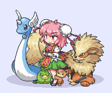 1girl animal arcanine blue_background character_name creatures_(company) double_bun dragonair full_body game_freak gen_1_pokemon gen_2_pokemon gen_5_pokemon hair_bun ibaraki_kasen kumamoto_(bbtonhk2) lowres nintendo pink_eyes pink_hair pixel_art pokemon pokemon_(creature) smile solo swadloon teddiursa touhou